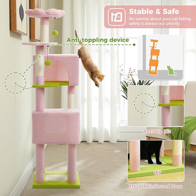 MUTTROS Flower Cat Tree, 62-Inch Tall Multi-Level Cat Tower with Scratching Posts, Cat Condos for Large Indoor Cats, Plush Cat Bed w/Padded Perches, Scratching Pad & 2 Green Pompoms, Pink