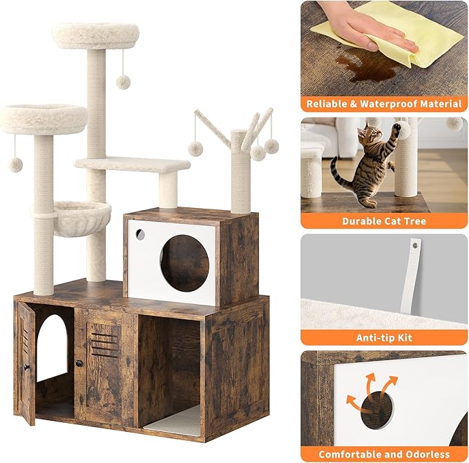 Modern Wooden Cat Tower with Hidden Litter Box Enclosure, Multi-Level Cat Condo, Scratching Posts, Cozy Hanging Basket & Toy, Durable Cat Tree Furniture for Indoor Cats, Vintage Brown