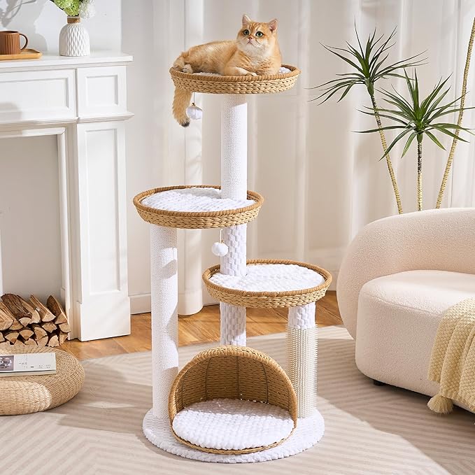 HITTITE Modern Cat Tree Tower with Scratching Post, 46 Inches Tall Cat Towers with Woven Cat Nests and Cave, Multi-Level Cat Tree With Removable Cushions and Massage Brush for Indoor Cats Large Adult.