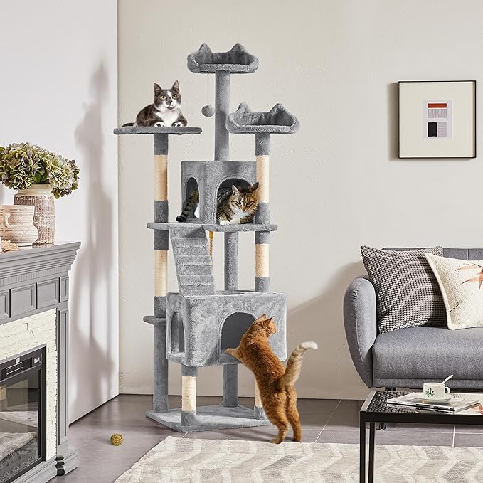 Topeakmart 72in Cat Tree for Indoor Cats, Multi-Level Cat Tower Cat Condo with Scratching Posts, 3 Perches, Cat Furniture Activity Center Play House for Cats Kitten, Light Gray