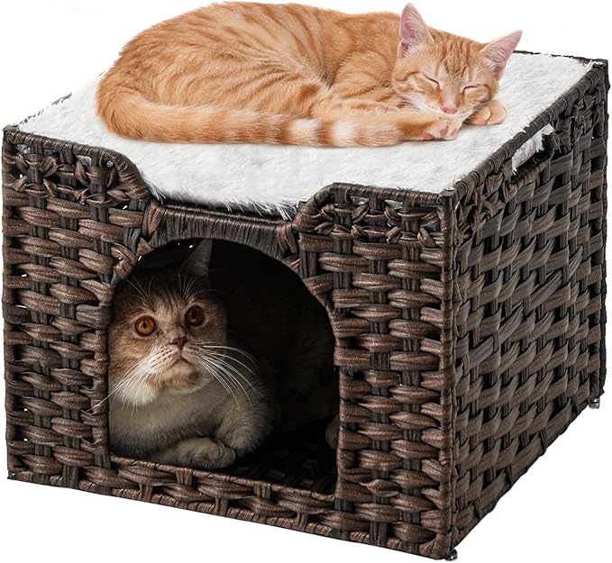 SETVSON Cat Beds Indoor Kitten House, Handwoven Rattan Cat Cave Pet Cube, Large Cat Houses, One Bed Mat, Foldable, Hideaway, 16.5x16.5x13.2 Inches, 2 S-Shaped Hooks in Living Room Bedroom Brown