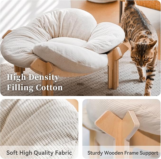 PACHIRA Elevated Cat Bed Wooden, Cat Couch Fluffy, Cat Sofa Flower for Indoor Cats, Raised Cat Bed with Washable Fluffy Cushion and Birch Wood, Cat Chair for Kitty and Puppy, Cat Furniture (White)
