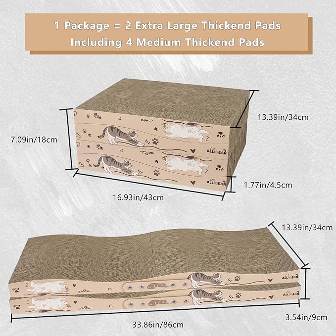 ALLGEAR 33"x13" Extra Large Cat Scratcher Lounge, Jumbo Corrugated Cardboard Scratching Pad for Large Cats, Wave Reversible Thick 2.2"–1.4", W/Catnip, Durable Cat Bed (2 XL Pads = 4 Medium Pads)
