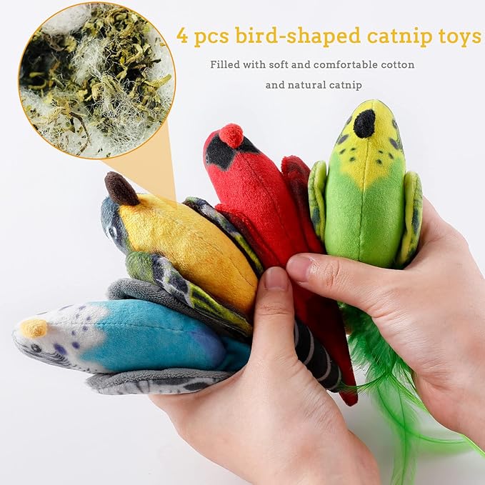 Cat Catnip Toys Interactive Cats 4pcs Kitten Plush Nip Chew Bird Toy with Crinkle Paper Pet Best Treats Stuffed Pillow Cute Teething Play Gifts Soft Kick Sound Supplies for Indoor Kitty