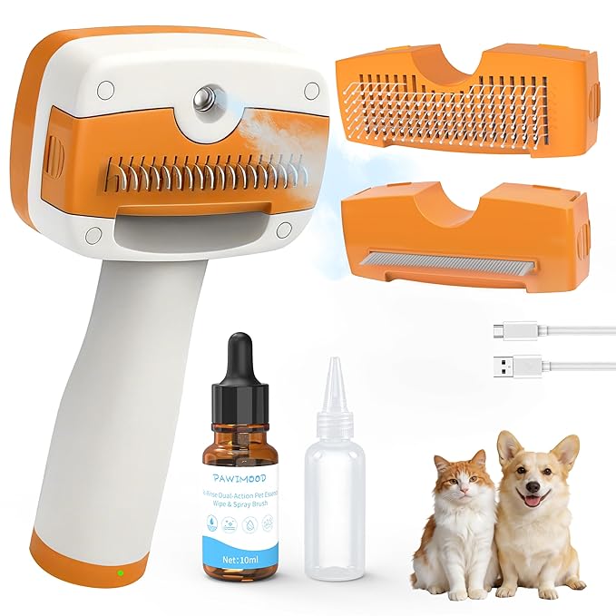 Cat Steam Brush,5-in-1 Self-Cleaning Steam Cat Brush with 3 Swap-in Heads (Grooming,Dematting,Deshedding),Spray Hair Removal Comb for Softens Fur & Reduces Static,Includes Waterless Shampoo