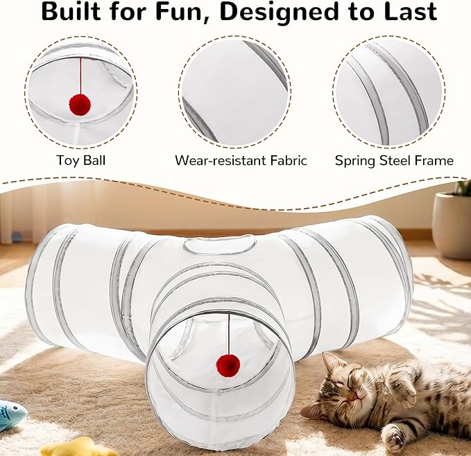 Tempcore Cat Tunnel for Indoor Cats, 3-Way Collapsible Play Tunnel with Teaser Wand, Peek Holes & Toy Ball, Small Pet Toy for Kittens & Rabbits, White & Light Grey