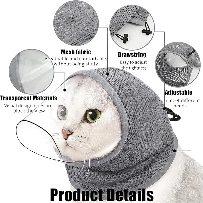 Cat Muzzle for Grooming, Breathable Mesh Cat Head Cover with Soft TPU Beak to Prevent Biting, Stress-Free Nail Trimming & Bathing for Kittens & Cats, M