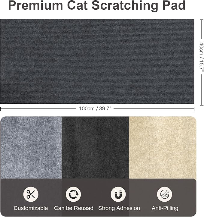 Cat Scratch Furniture Protector, 39.7"x15.7" Trimmable Self-Adhesive Cat Scratching Mat, Corner Couch Protector from Cat Claws, DIY Anti-Scratch Pad Rug for Sofa, Wall & Door, Dark Gray