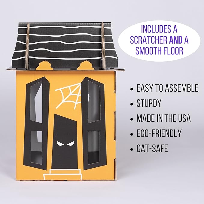 Spooky Cat Haunted House – Halloween Mansion Playhouse for Cats, Kittens, Rabbits & Bunny. Cardboard Box House Condo Cave Furniture Bed Includes Cat Scratcher