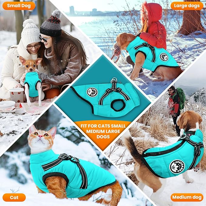 PETCARE Winter Dog Coat with Harness Built in Waterproof Dog Jackets Warm Pet Fleece Vest Windproof Snow Jacket Snowsuit Reflective Dogs Cold Weather Coats for Puppy Small Medium Large Dogs Cats