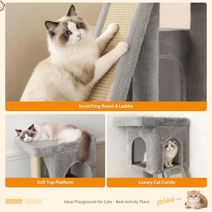 27 inch Small Cat Tree,Komicoll Multi-Level Cat Tower with Sisal Scratching Posts,2 Comfy Condos,Large Plush Top Perch Ideal for Indoor Cats and Kittens (Grey)