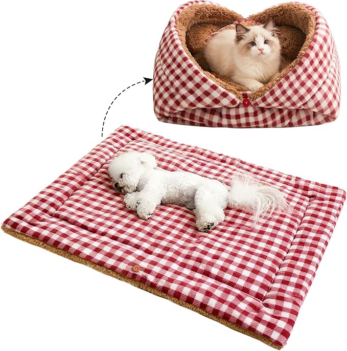 Jiupety Cat Bed for Indoor Self Warming Cat Bed Mat Ultra-Soft Plaid Dog Beds Machine Washable Pet Bed,Multifunction Folding Pet Blanket for Small Dogs and Cats Red,33X25In