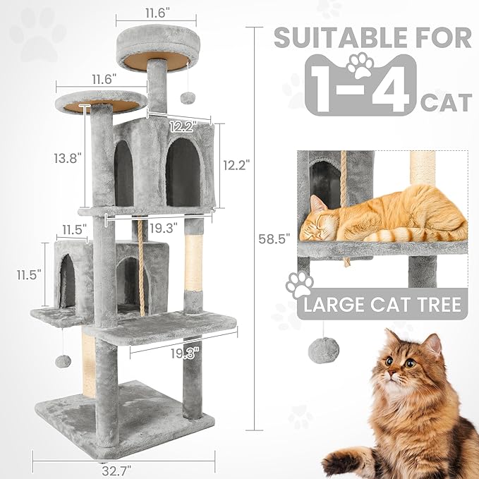 58.5inch Large Cat Tree Tower Condo for Indoor Cats, Soft Plush Multi-Level Climbing Tree Cat House with Cat Cave, Scratching Post, More Entrance/Exit, Sisal Rope, Light Grey