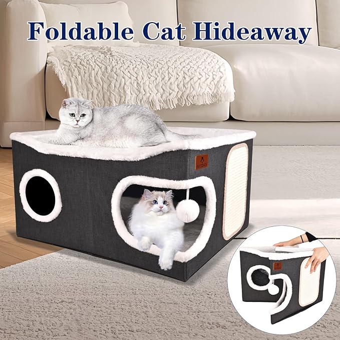 Extra Large Cat Beds for Indoor Cats, Covered Cat Cave Beds & Furniture with Scratch Pad and Fluffy Ball, Foldable Cat Condo with Reversible Cushion for Multi Small Pet Large Kittens, Dark Grey