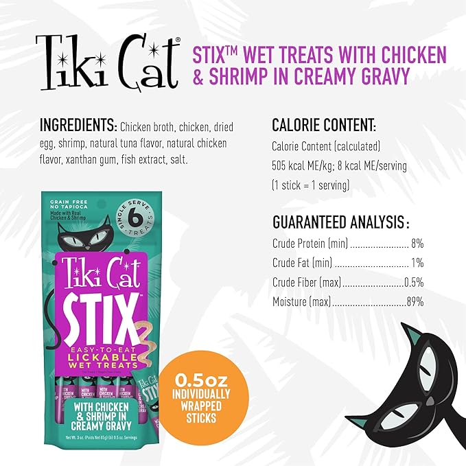 Tiki Cat Stix Mousse Treats, Single Serve Indulgent Lickable Treat or Dry Food Topper, Chicken and Shrimp in Creamy Gravy, 3 oz. Pouch