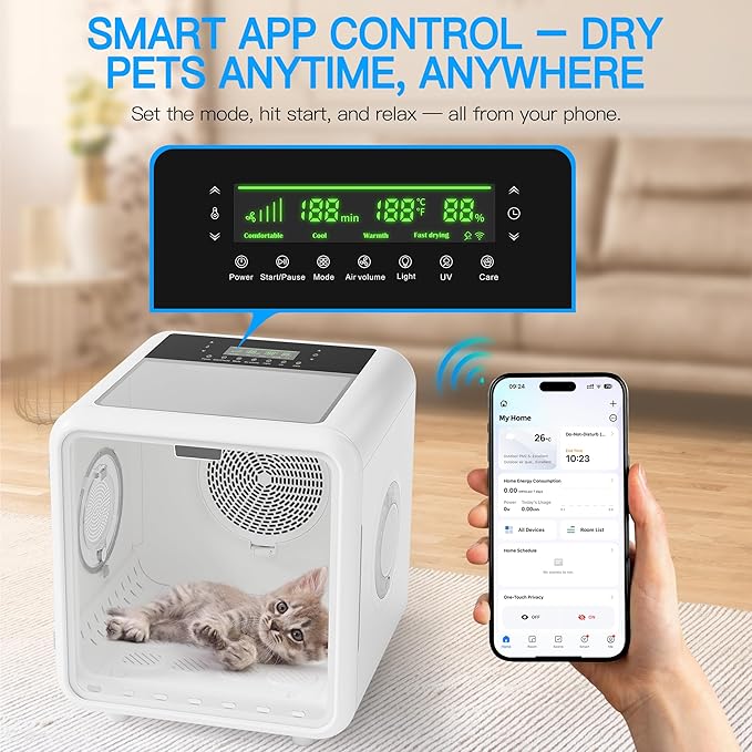 Fenbeli Pet Dryer Box for Cats and Small Dogs, 75L Extra-Large Quiet Pet Drying Room with Smart App Control, 360° Airflow, Adjustable Temperature & Time, Spacious Grooming Dryer for Home Use