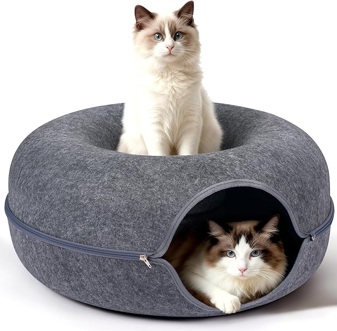 Peekaboo Cat Cave Bed for Indoor Cats, Scratch-Resistant Cat Donut Tunnel for Multiple & Large Cats, Detachable Round Cat Hideaway for Playing, Sleeping and Hiding