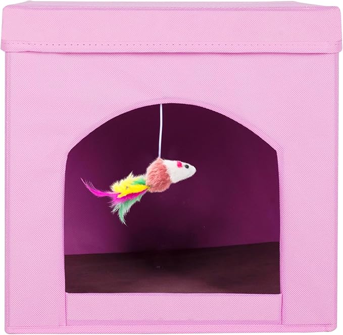 ShellKingdom Collapsible Cat House, Foldable Kitty Cat Cube and Cat Cave with Bed, Cat Stool Condo for Indoor Cats Gifts, 13 x 13 x 13 inches (Pink)