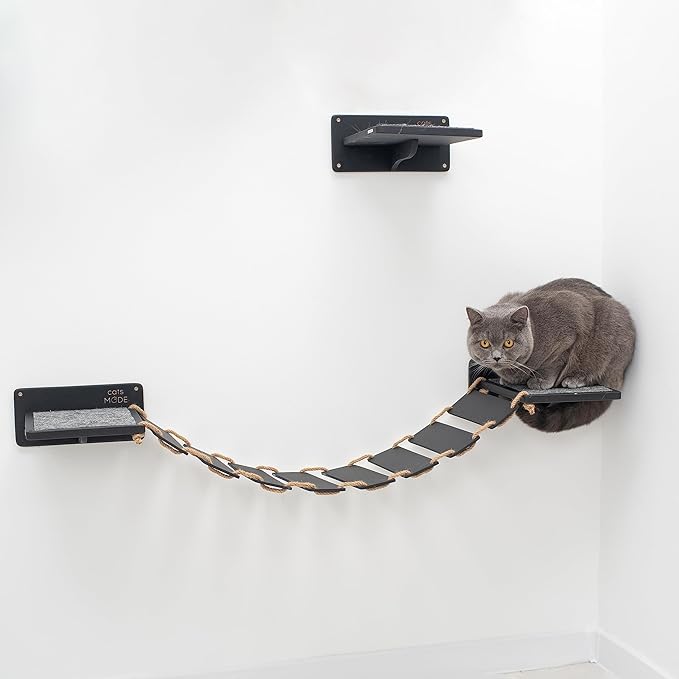 Wood Cat Bridge Cat Steps Cat Bed Wall Cat Toy Rustic Cat Tree Wall Decor Cat Lover Gift New Home Gift Cat Furniture Wall (Black, Bridge & 3 steps)