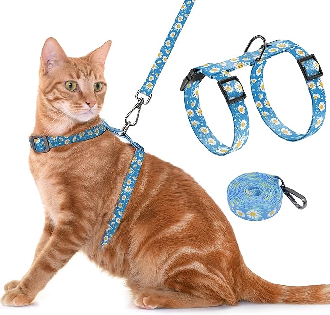 Seyezo Cat Harness and Leash Set, Adjustable Kitten Harness Escape Proof Cats Harness, Soft Lightweight Walking Travel Pet Harness, Cute Kitty Harness Leash Set for Small Medium Cats, Blue Daisy