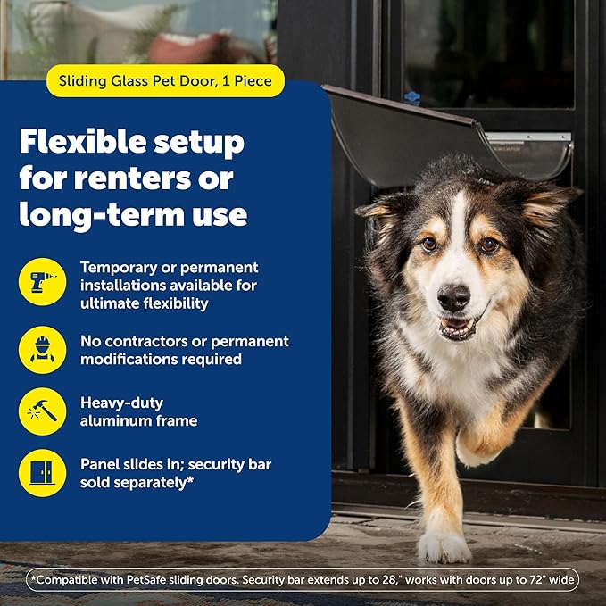 PetSafe 1-Piece Sliding Glass Pet Door for Dogs and Cats - Adjustable Height up to 80 11/16"- Large, Black, No-Cut DIY Install, Aluminum Patio Panel Insert, Great for Renters or Seasonal Installation