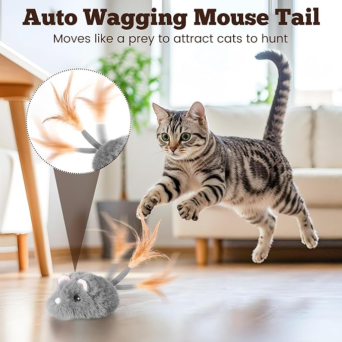 Pawingcat Moving Cat Toy Squeaky Cat Mouse Toy Automatic Interactive Cat Toys for Indoor Cats Mouse Toys for Cats with Wagging Tail
