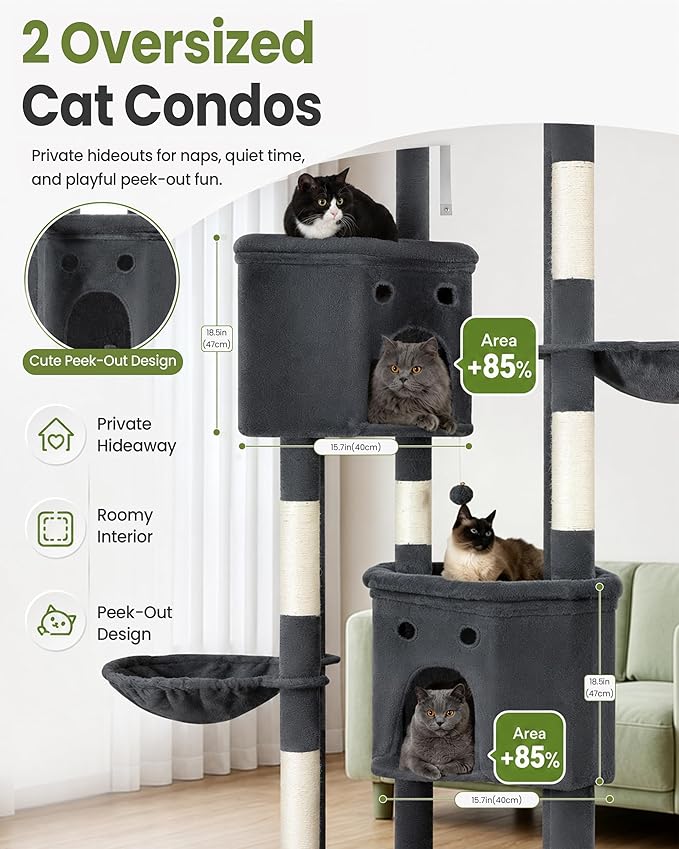 Extra Large Cat Tree, 84 Inch XXL Giant Cat Tower for Indoor Cats Large Adult 20lb+, Multi-Level Cat Climbing Condo with 5 Scratching Posts, 3 Wide Platform, 2 Baskets, 2 Cat Houses