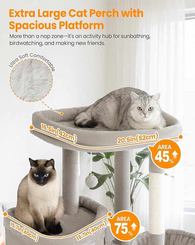 Extra Large Cat Tree, 84 Inch XXL Giant Cat Tower for Indoor Cats Large Adult 20lb+, Multi-Level Cat Climbing Condo with 5 Scratching Posts, 3 Wide Platform Perches, 2 Baskets, 2 Cat Caves, Light Grey