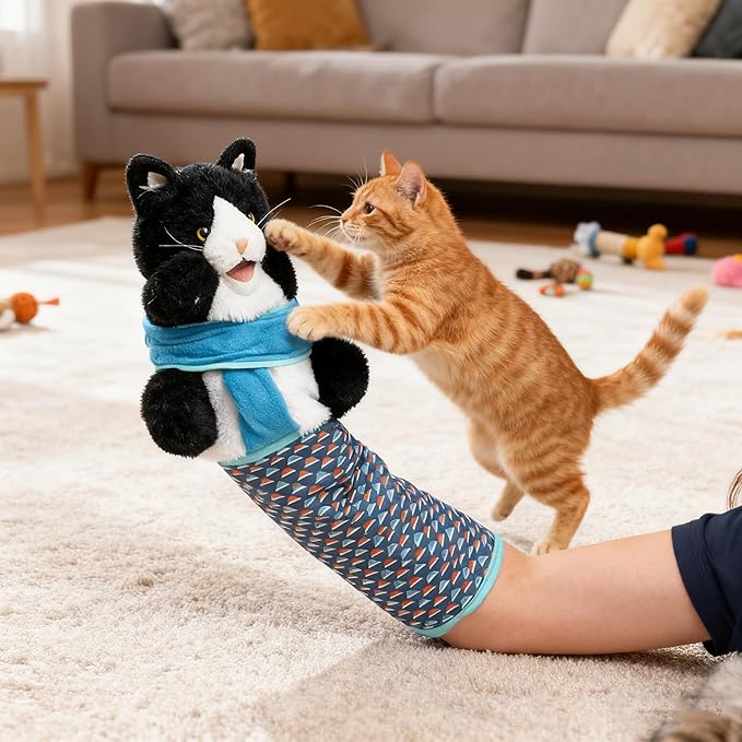 Kitty Karate Cat Wrestler Puppet with Protective Forearm Sleeve, Karate Kitten Glove Interactive Arm Wrestling Puppet Toy, Realistic Movements, Soft Plush for Kittens & Cats (Black)