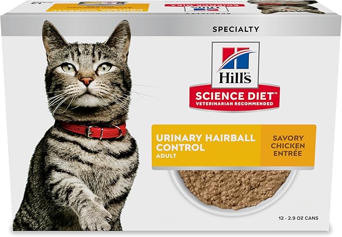 Hill's Science Diet Adult Urinary & Hairball Control Wet Cat Food, Chicken Minced, 2.9 oz. Cans, 12-Pack
