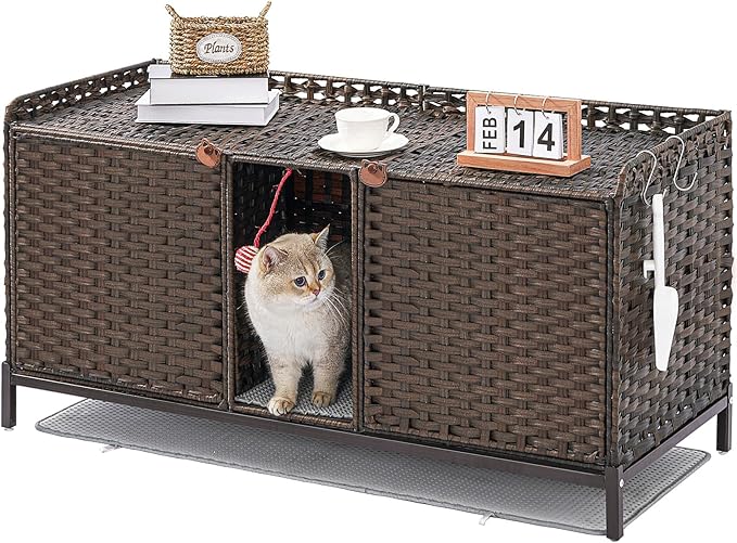 SETVSON Cat Litter Box Enclosure for 2 Cats, Hidden Litter Box Furniture with Mat, Large Rattan Cat House with Double Room and Door, 47.3 L x 19.7 W x 24 H, 2 S-Shaped Hooks for Living Room Brown