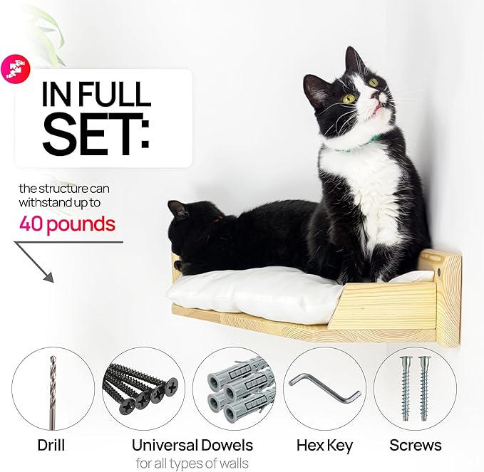 Cat Bed, Wall-Mounted Wooden Corner, Wall Furniture, Cat Corner Wall Shelf Bed with Cushion, Easy to Install (Brown, Pillow Color Grey)