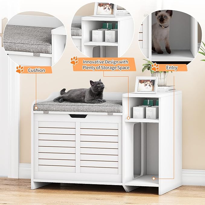 TROPOW Cat Litter Box Enclosure Furniture with Top Opening and Cushion, Hidden Litter Box Cabinet with Storage, Privacy Cat Box Enclosure, White