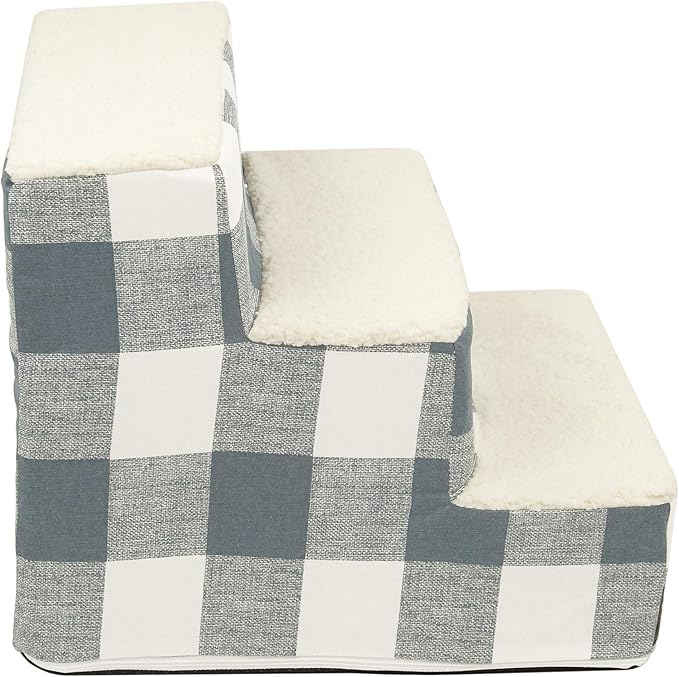 Majestic Pet Portable Pet Stairs | Soft Sherpa Steps Foam Feeling | Steps for Dogs & Cats | Dog & Cat Ramp | Indoor Only | Max Weight: up to 250 Lbs, 3 Step, Anderson Check Gunmetal Blue