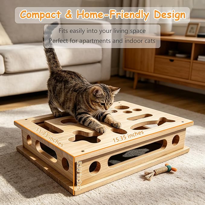 Cat Scratch Puzzle Enrichment Box, Cat Nail File Scratcher Toy Box with Sandpaper Inside, Help Reduce Stress for Trimming Nails, Wooden Claw Care Saver Box for Indoor Cats of All Breeds & Ages
