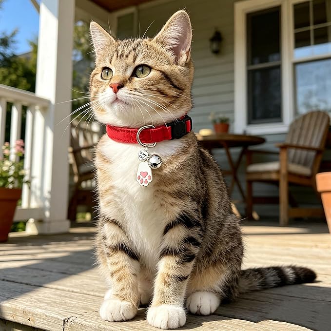 2 Pack Cotton Breakaway Cat Collars with Bell and Charms Red Solid Plaid Safety Collars for Girl Boy Cats, Cat Head and Paw Pendant Cute Kitten Collars