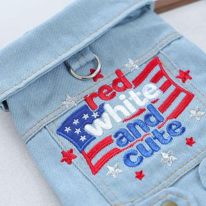 Patriotic Denim Dog Vest with D-Ring for Small Dogs – Red White and Cute Embroidered American Flag Puppy Jacket, 5th of July Pet Outfit(M)