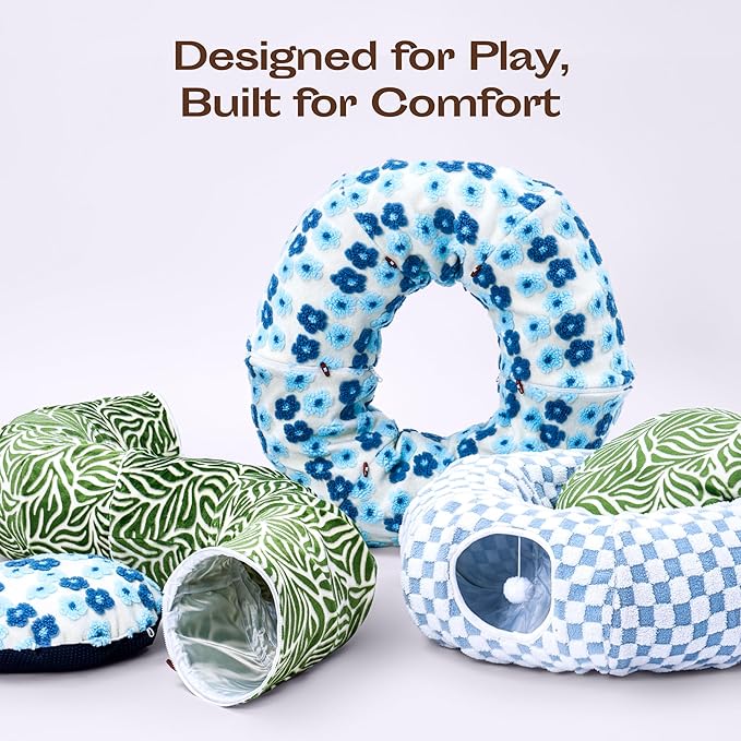 Meowfia Indoor Cat Tunnel with Donut Bed - Large Flexible Play Space for Multiple Pets - Circle or Snake Shape, Cozy Lounge (Blue Blossom)