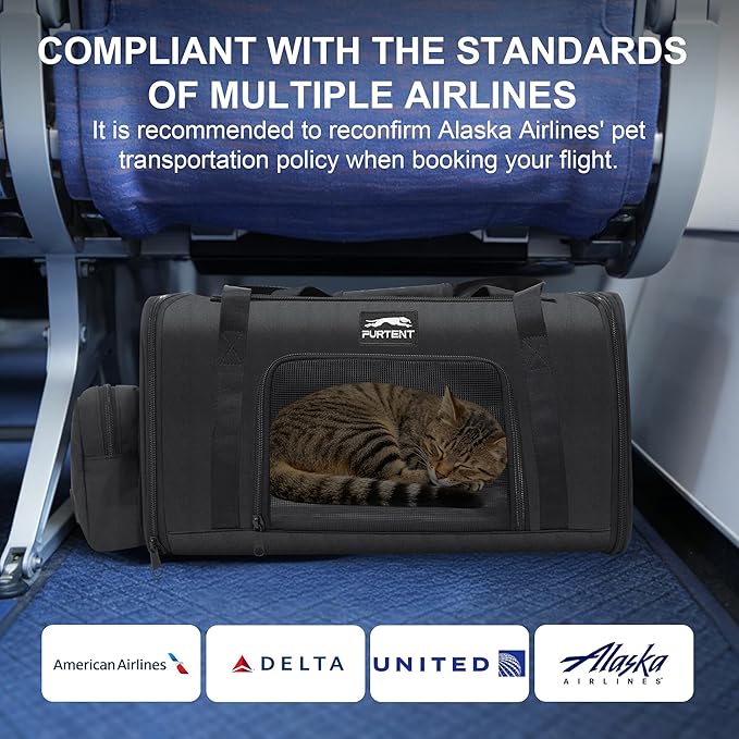 Soft Sided Cat Carrier Airline Approved up to 15lbs, 17x11x9.5 Inch Ventilated Pet Travel Bag with Foldable Litter Box & Storage, Portable Cat Transport Carrier for Flights Car Vet Black