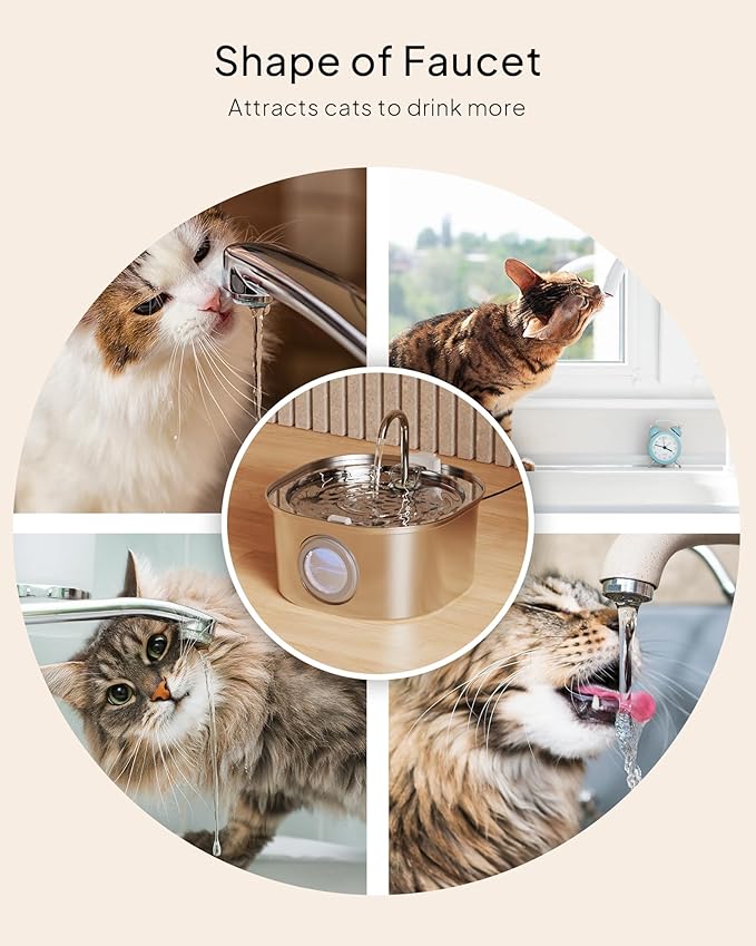 PEKTACO Stainless Steel Cat Water Fountain, 3.2L/108oz Cat Water Dispenser with Quiet Water Pump, Dishwasher Safe Pet Drinking Fountain for Cats with 3 Filters + 3 Sponges