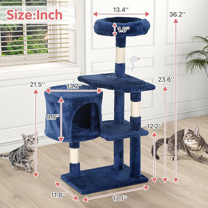 Cat Tree, 36 Inches Indoor Cat Tree Tower Condo, Natural Sisal Cat Scratching Post with Cozy Bed, Small Cats Tree for Kittens, Soft Perch & Cute Toys, Navy Blue