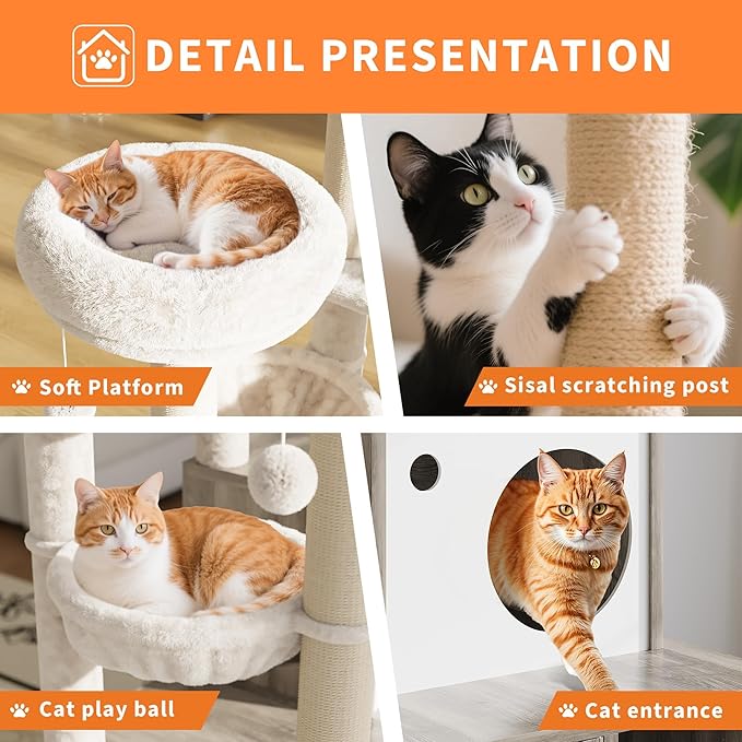Modern Wooden Cat Tower with Hidden Litter Box Enclosure, Multi-Level Cat Condo, Scratching Posts, Cozy Hanging Basket & Toy, Durable Cat Tree Furniture for Indoor Cats, Smoke