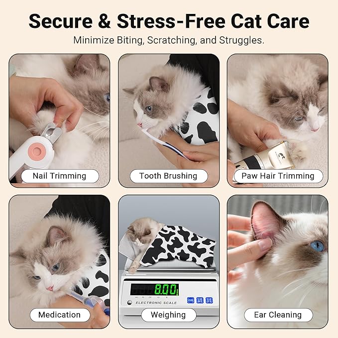 Purrfect Peace Cat Swaddle Wrap – Professional Calming Restraint Bag for Grooming, Nail Trimming & Medicine - Adjustable Cat Restraint for Grooming, Vet Visits (Cow Pattern, S)