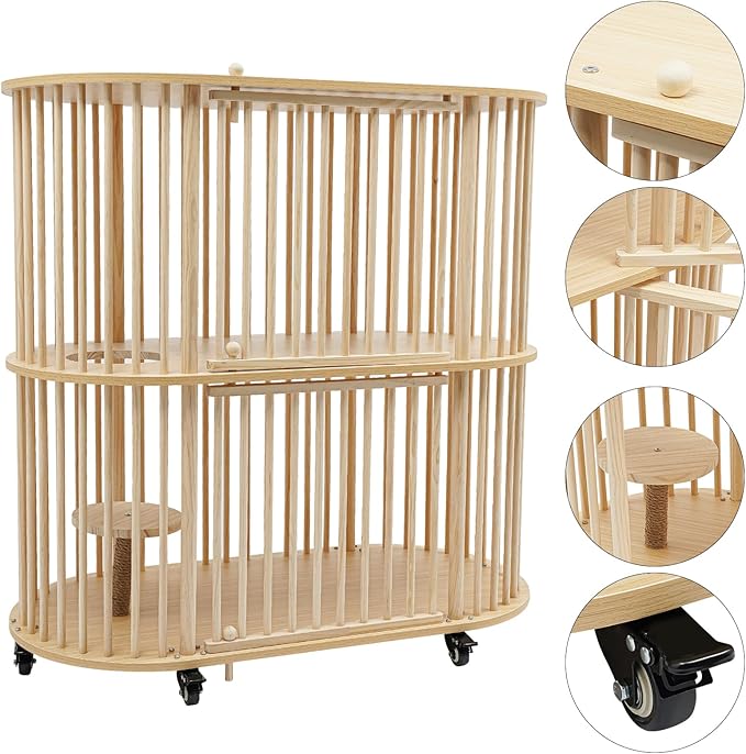 Wooden Cat House, 2 Tier Large Indoor Cat Bed with Scratching Posts, Modern Cat Cage with 6 Wheels, Multi-Level Cozy Pet Furniture for Homes, Pet Stores, Catteries,Balconies
