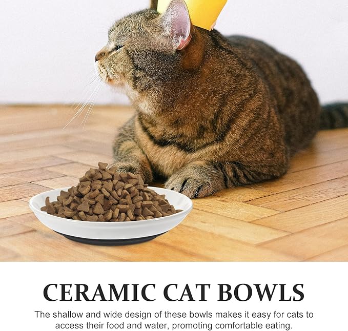 VOSAREA 3pcs Wide Ceramic Cat Food Bowls with Nonslip Black Silicone Base, Shallow Round Dish Set for Indoor Cats Feeding and Watering