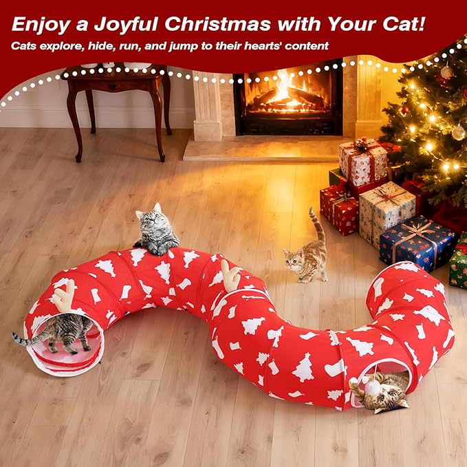 Cat Tunnel Bed Under Christmas Tree, 35' Xmas Peekaboo Cat Cave with Toy Balls and Circle Cushion. Multifunctional Playground Pet Toys Gifts for Kitty, Rabbit and Small Animals, Red + White