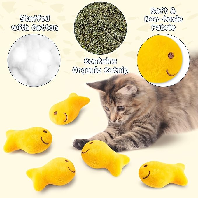 L1rabe Goldfish Cracker Catnip Stuffed Toys for Cats- Pet Days 5Pcs Goldfish Organic Kittens Toys Funny Yellow Indoor Cats Chew Bite Teething Tools Kittens Birthday Gifts Interactive Pet Supplies