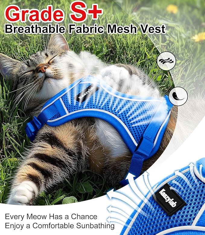 Cat Harness and Leash for Walking Escape Proof Soft Adjustable Cat Leash Breathable Comfortable Vest Easy to Wear Kitten Harness for Outdoor Travel (Blue, S (7-12lb))