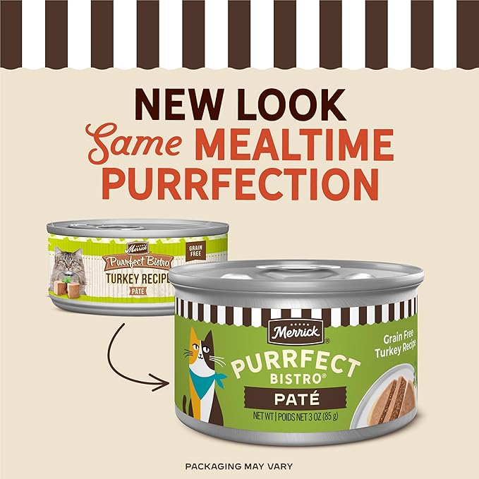 Merrick Purrfect Bistro Grain Free Premium Soft Canned Pate Adult Wet Cat Food, High Protein Turkey Recipe - (Pack of 24) 3 oz. Cans