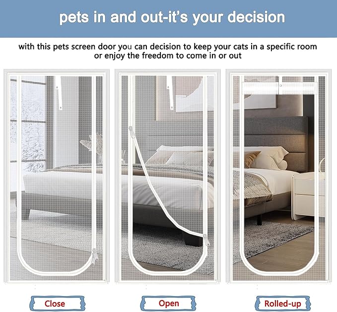 Reinforced Cat Screen Door,Fits Door Opening Size 32''x 80'',Thickened Cat Resistant Mesh Screen Door for Living Room,Kitchen,Bedroom,Cat Proof Screen with Zipper Closure. (U-Type,White)